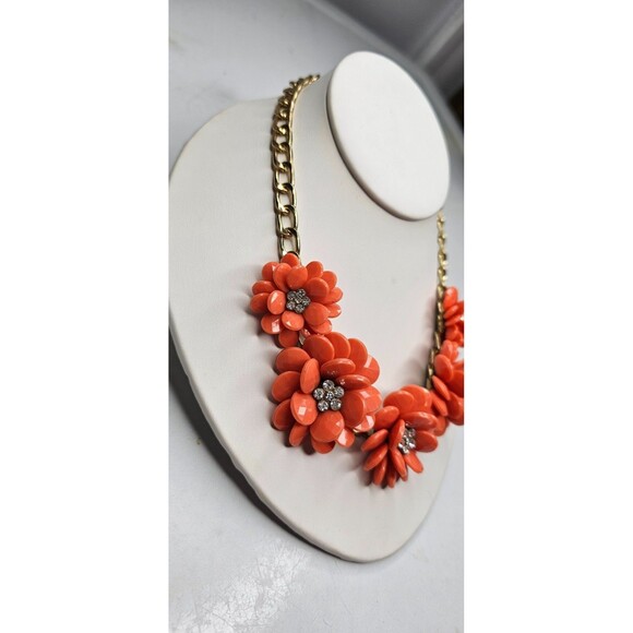 Gold-Tone Chain And Chunky Orange Flowers With Rhinestone Centers Bib Necklace - Picture 5 of 5